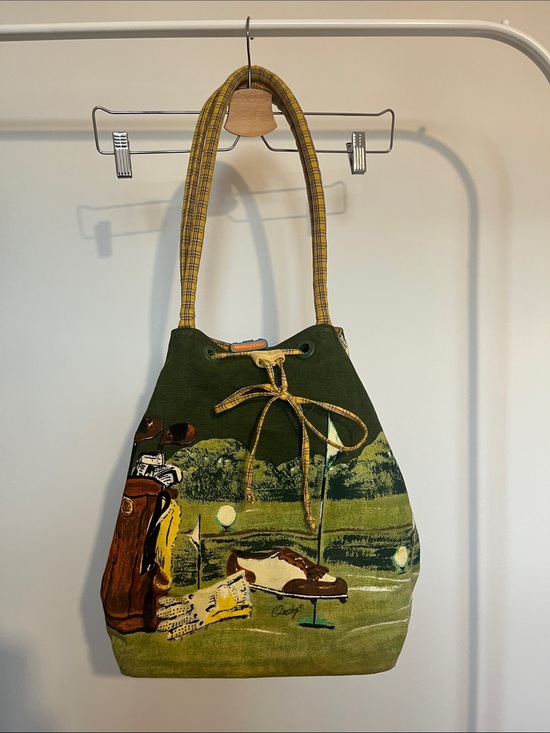 Ann Ousby Handbags - Vintage Green Golf Print Drawstring Tote Bag